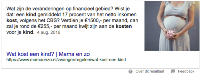 Featured snippet bij de vraag ‘Wat kost een kind’