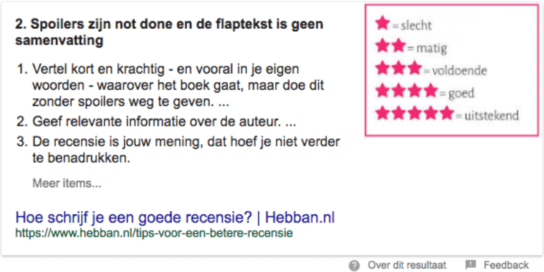 Voorbeeld lijst in een featured snippet