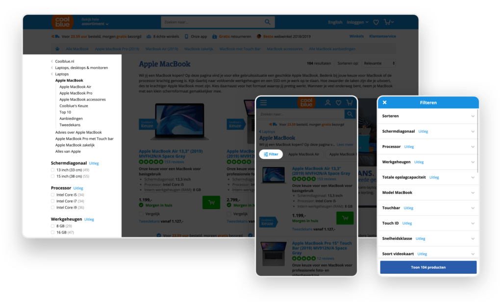 Voorbeeld filtering Coolblue (desktop & mobiel).